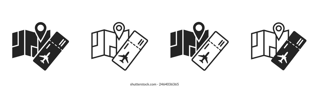 travel icon set. map and flight ticket. vacation and journey symbols. isolated vector images for tourism design