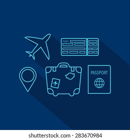 Travel icon set. Map pin, suitcase, passport, boarding pass ticket, plane. Flat style. Vector illustration