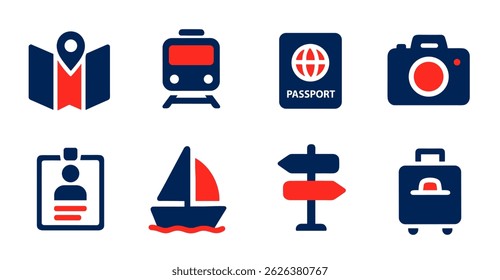 Travel Icon Set Map, Train, Passport, Camera, ID Card, Sailboat, Signpost, Suitcase - Flat Design