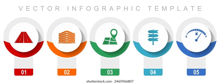 Travel icon set, miscellaneous vector icons such as road, building, navigation, signpost and fuel gauge, modern design infographic template, web buttons in 5 color options