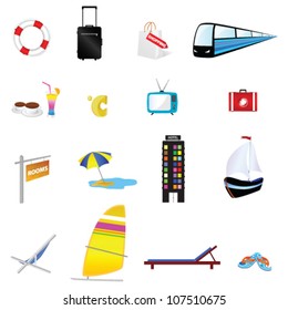 travel icon set one with train and boat illustration