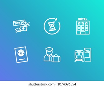 Travel icon set and travel passport with hotel, waiting and train station. Subway related travel icon vector for web UI logo design.