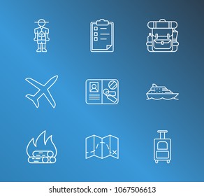 Travel icon set and picnic with journey, passport with stamp and trip planning. Yacht related travel icon vector for web UI logo design.