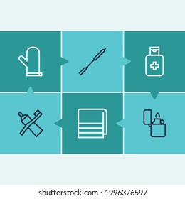 Travel icon set and roasting sticks with lighters, dish towel and sunburn lotion. Fork related travel icon vector for web UI logo design.