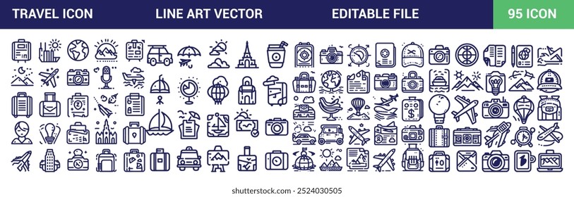 Conjunto de ícones de viagem. Simples linha arte Ícones de viagem pacote e Editable Traço. Ilustração vetorial