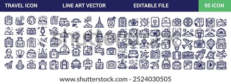 Travel icon set. Simple line art Travel icons pack and Editable Stroke. Vector illustration