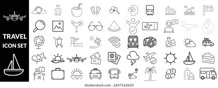 travel icon set. Simple Set of Travel Outdoor Related Vector Line Icons. Contains such Icons as Campfire, Hiking, Camp Trailer and more