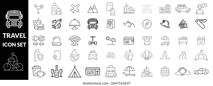 travel icon set. Simple Set of Travel Outdoor Related Vector Line Icons. Contains such Icons as Campfire, Hiking, Camp Trailer and more