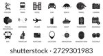 Travel Icon. Set of solid icons on tourism, vacations, tourist attractions, planes, trains, hotels, passports, trip.
