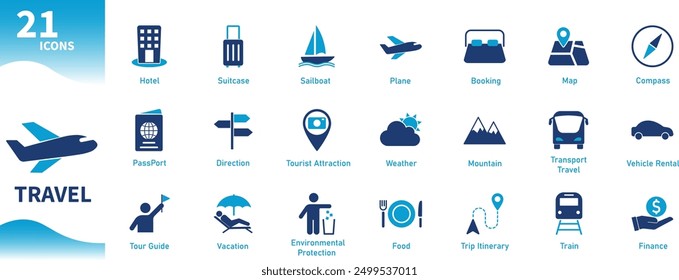 Travel Icon. Set of solid icons on tourism, vacations, tourist attractions, planes, trains, hotels, passports, trip.