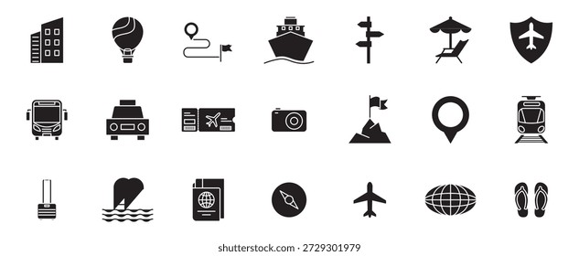 Reisesymbol. Set von soliden Ikonen auf Tourismus, Urlaub, touristische Attraktionen, Flugzeuge, Züge, Hotels, Pässe, Reise.