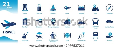 Travel Icon. Set of solid icons on tourism, vacations, tourist attractions, planes, trains, hotels, passports, trip.