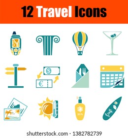 Travel Icon Set. Stencil in Blue and Yellow Tones Design. Vector Illustration.