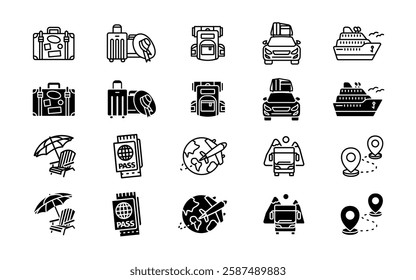 Travel icon set. Suitcase and passport sign. Airplane, cruise ship, and car symbol. Backpack, location markers, and map pictogram. Vacation chair and tourism adventure illustration.