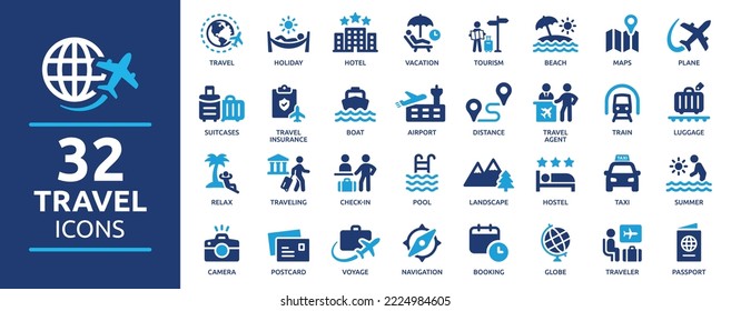 Travel icon set. Summer vacations and holiday symbol vector illustration. Collection of traveling and tourism elements.