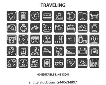 Travel icon set. Summer vacations and holiday symbol vector illustration. Collection of traveling and tourism elements.