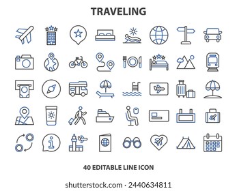 Travel icon set. Summer vacations and holiday symbol vector illustration. Collection of traveling and tourism elements.