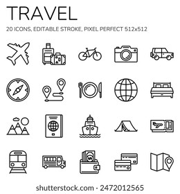 Travel icon set. Summer vacations and holiday symbol vector illustration. Collection of traveling and tourism elements.