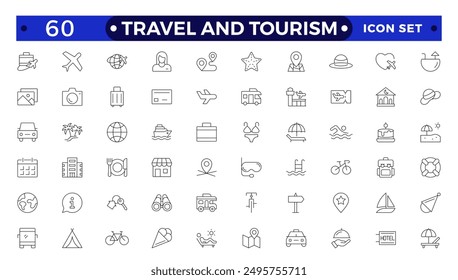 Travel icon set. Summer vacations and holiday symbol vector illustration. Collection of traveling and tourism elements. Travel and tourism icon set. Airplane, trip, beach, passport, camping, hotel.
