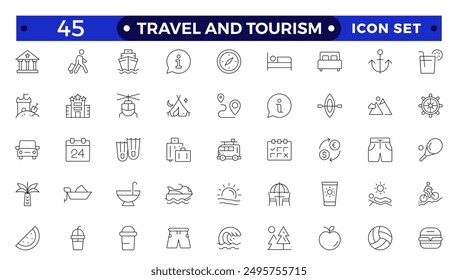 Travel icon set. Summer vacations and holiday symbol vector illustration. Collection of traveling and tourism elements. Travel and tourism icon set. Airplane, trip, beach, passport, camping, hotel.
