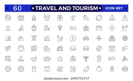 Travel icon set. Summer vacations and holiday symbol vector illustration. Collection of traveling and tourism elements. Travel and tourism icon set. Airplane, trip, beach, passport, camping, hotel.
