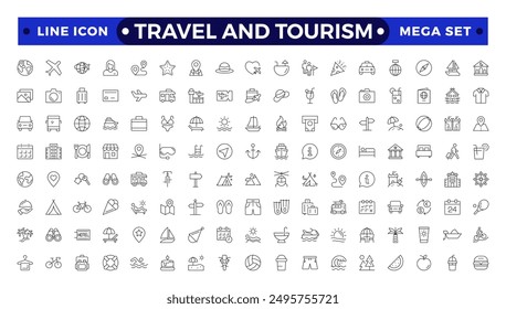 Travel icon set. Summer vacations and holiday symbol vector illustration. Collection of traveling and tourism elements. Travel and tourism icon set. Airplane, trip, beach, passport, camping, hotel.
