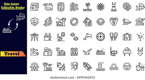 Travel icon set. Summer vacations and holiday symbol vector illustration. Сlipart with travelling elements, bags, transport, map, palm, seashells, bikini. 