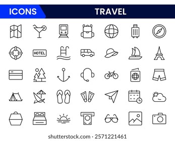 Travel icon set. Summer vacations and holiday symbol vector illustration. Collection of traveling and tourism elements. Travel and tourism icon set. Airplane, trip, beach, passport, camping, hotel