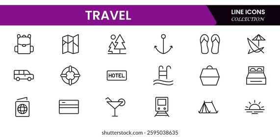 Travel icon set. Summer vacations and holiday symbol vector illustration. Collection of traveling and tourism elements. Travel and tourism icon set. Airplane, trip, beach, passport, camping, hotel