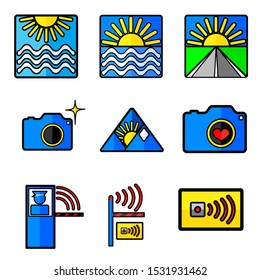 Travel Icon Set. Sun, Sea, Landscape,  Mountains, Camera, Heart, Barrier, Transponder, Map, Pass, Toll Road.