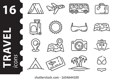 Travel icon set. Symbols tourism, trip, holiday. Vector illustration in flat style.