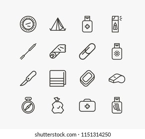 Travel icon set and tent with knife, tin foil and whistle. Navigation related travel icon vector for web UI logo design.