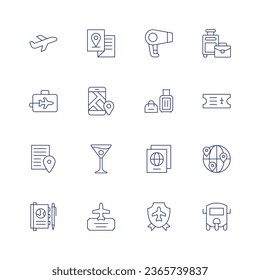 Travel icon set. Thin line icon. Editable stroke. Containing airplane, brochure, business trip, check in, checklist, diary, hair dryer, luggage, martini, passport, plane ticket, shield, suitcase.