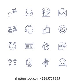 Travel icon set. Thin line icon. Editable stroke. Containing airplane, cable car, coconut drink, distance, ferry boat, hammock, headset, luggage, member card, placeholder, plane, sign post, suitcase.