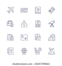 Travel icon set. Thin line icon. Editable stroke. Containing airplane, boarding pass, business trip, check in desk, check list, diary, ferris wheel, guide, itinerary, map, passport control, seat.