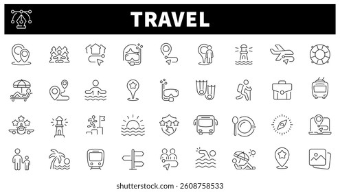 Travel icon set. Travel thin line vector icons . Travel, tour, tourism, vacation thin line icon collection. Editable stroke 