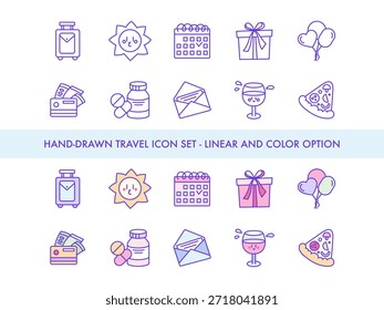 Travel Icon Set. Thin Line Illustration of Vacation Items  Suitcase, Sun, Calendar, Gift, Balloons, Wallet, Cash, Medicine, Envelope, Wine Glass, Pizza Slice for Holiday, Trip, Journey. Isolated Signs