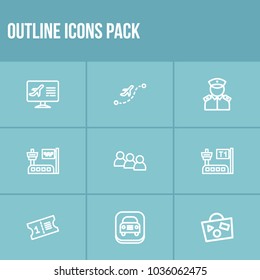 Travel icon set and ticket with airport screen, bag travel and app car. Handbag related travel icon vector items for web UI logo design.