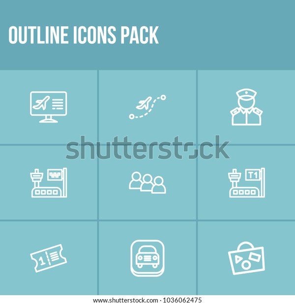 Travel icon set and ticket with airport screen,\
bag travel and app car. Handbag related travel icon vector items\
for web UI logo design.