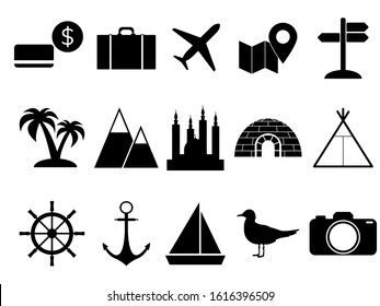 Travel icon set. Tourism elements to use for web with steering wheel, plane,suitcase, places, isolated on white background. Vector stock illustration.