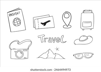 Travel icon set tourism in hand drawn doodle style vector illustration