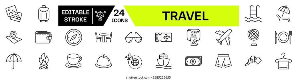 Travel icon set. Travel and tourism linear icon set with Editable Stroke.