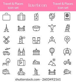 Travel icon set. Travel and tourism linear icon set with Editable Stroke.
