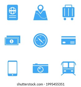 Travel icon set. train, bus, camera, smartphone, credit card, compass, money, cash, bag, luggage, navigator, map, passport icon.vector.