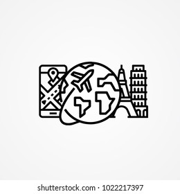 Travel icon. Set of trip objects in one sign. Eifel and pizza tover sign. Mobile app map for tourist. Flat illustration vector