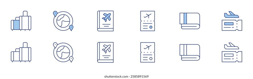 Travel icon set in two styles, Duotone and Thin Line style. Editable stroke. luggage, visa, towel, travel, travel guide.