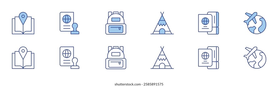 Travel icon set in two styles, Duotone and Thin Line style. Editable stroke. guide book, passport, school bag, teepee, travel, traveling.