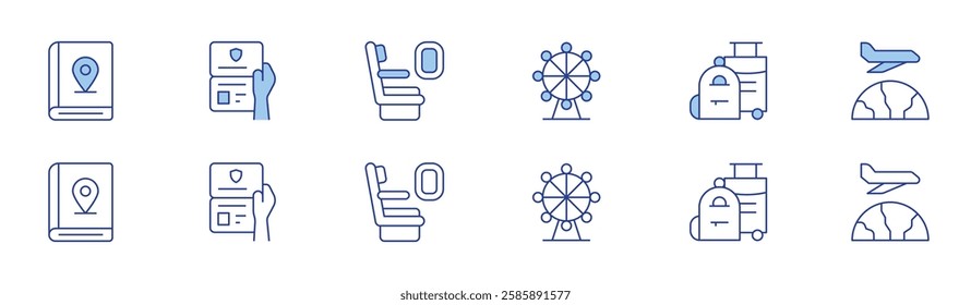 Travel icon set in two styles, Duotone and Thin Line style. Editable stroke. ferris wheel, guide, passport control, seat, travel, travelling.