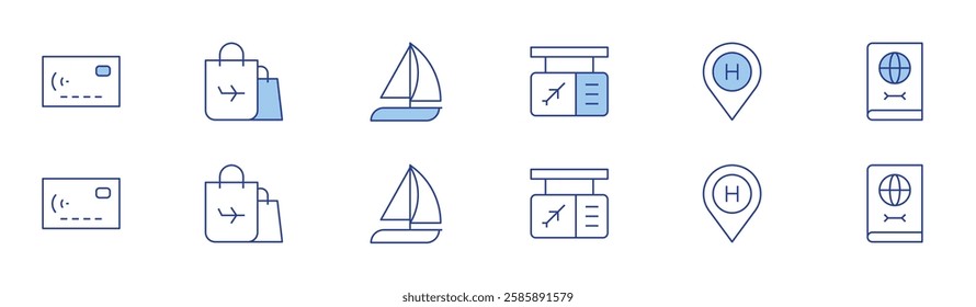 Travel icon set in two styles, Duotone and Thin Line style. Editable stroke. credit card, duty free, gate, hotel, passport, yatch.