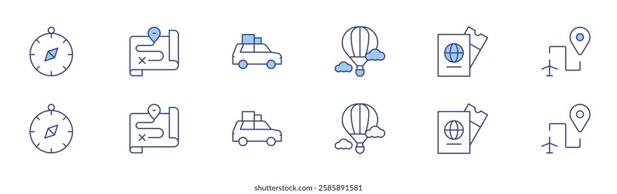 Travel icon set in two styles, Duotone and Thin Line style. Editable stroke. compass, route, car, hot air balloon, passport.